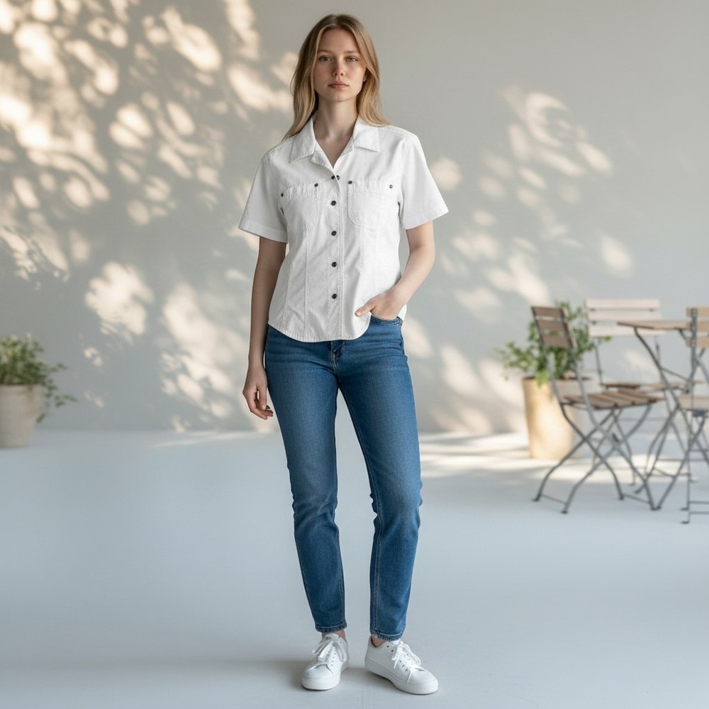 Villager Sport Liz Claiborne White Cotton Button Down Short Sleeve Shirt Small